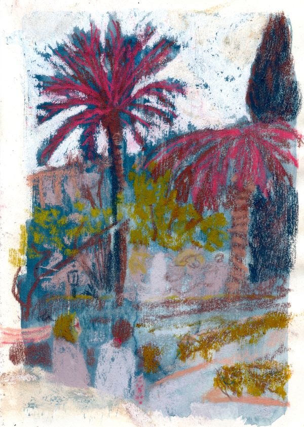 Mixed media drawing with soft pastels of a garden with a palm tree and two figures with their backs to the viewer